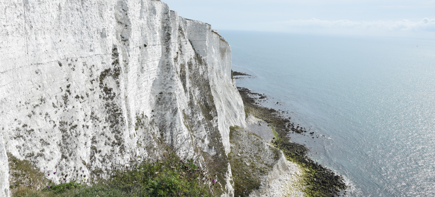 View of the white cliffs of Dover and the English Channel.